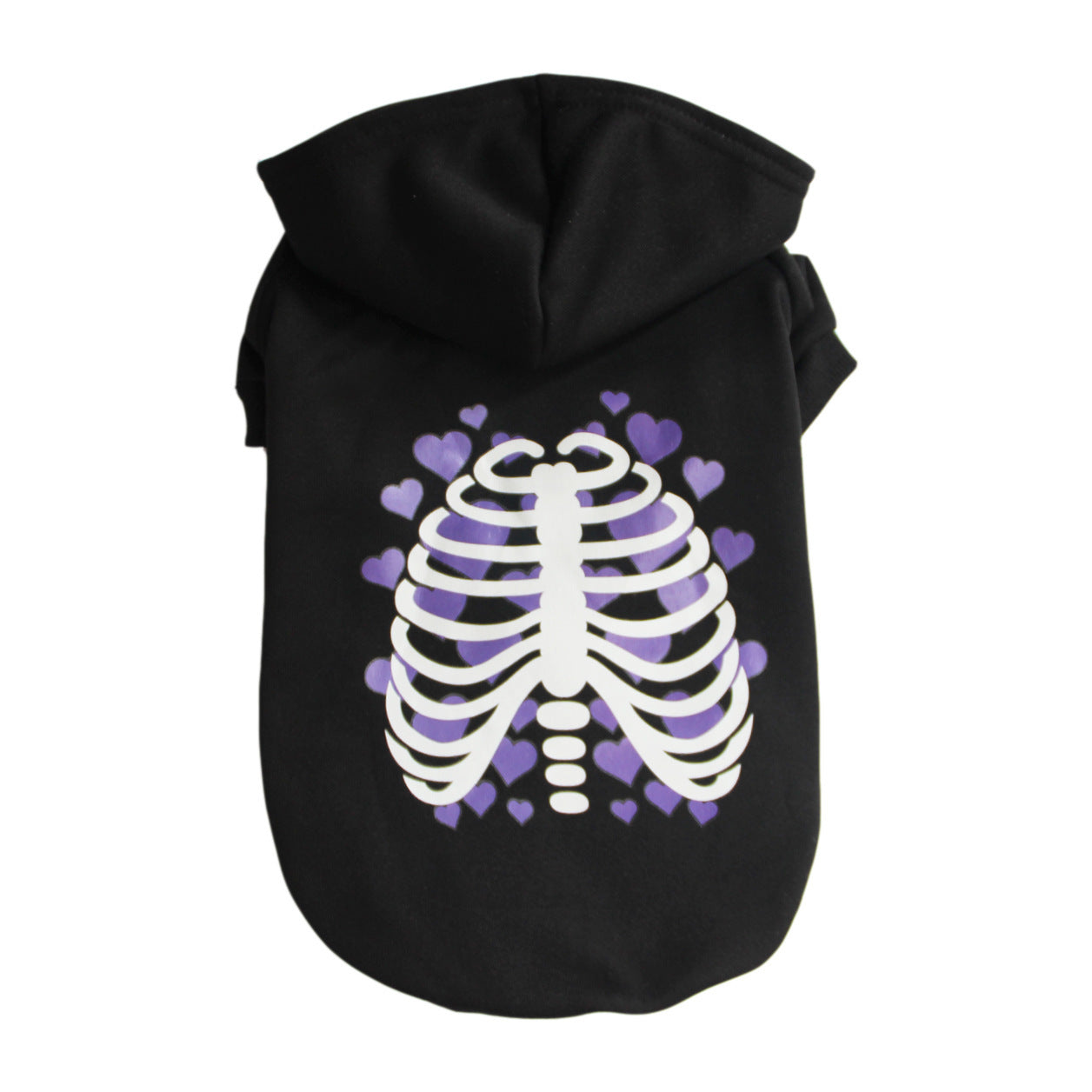 Black dog hoodie with white skeleton rib cage and purple heart shapes in background