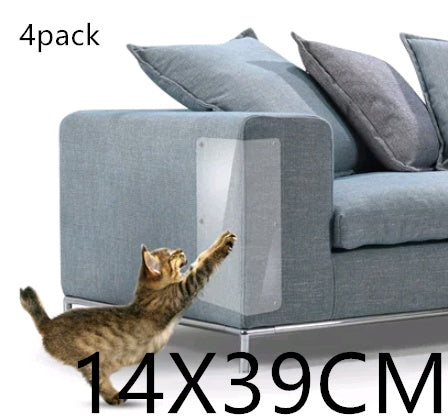 Four transparent claw protector pads on gray sofa corner measuring 14x39cm