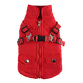 Charger l'image dans la visionneuse de la galerie, Red quilted winter dog vest with collar, zipper front, harness straps, and snap pockets
