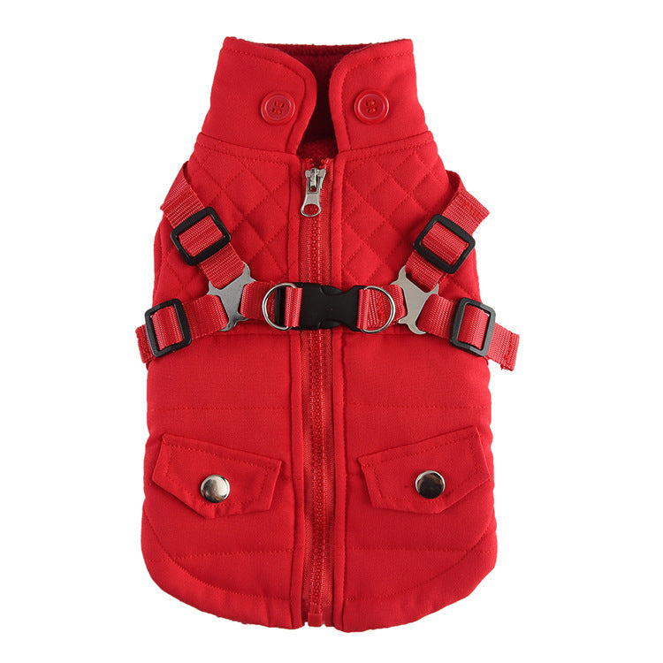 Red quilted winter dog vest with collar, zipper front, harness straps, and snap pockets