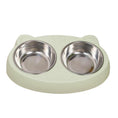Load image into Gallery viewer, Top view of empty stainless steel double bowls placed in pale green cat-shaped plastic base

