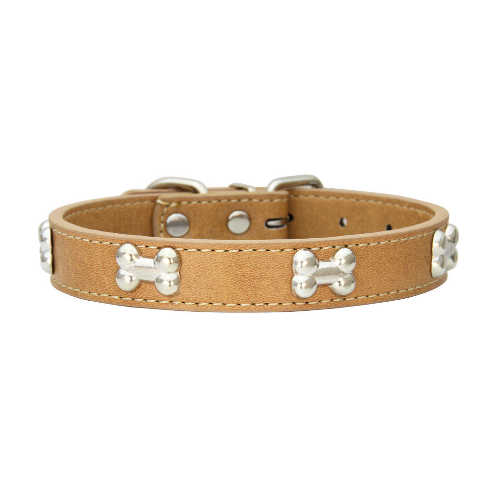 Yellow PU leather dog collar with silver bone studs