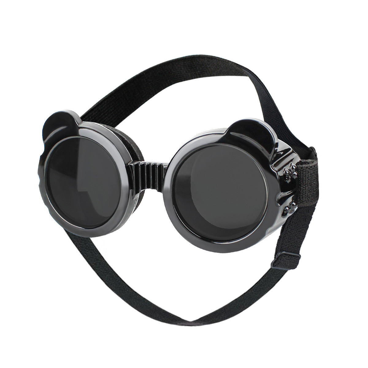 Black pet goggles with bear-ear detail and strap laid flat