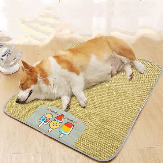 Corgi dog lying relaxed on a yellow rattan cooling pet mat near a small fan on wooden floor