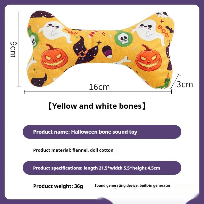 Yellow Halloween bone toy with pumpkin, bat, and candy prints, dimensions shown