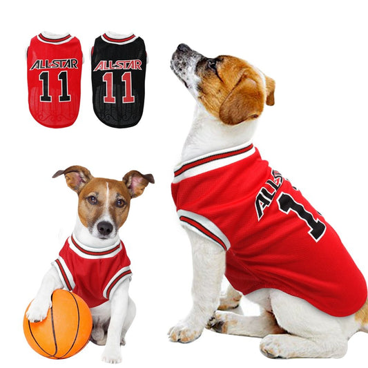 Red and black All-Star dog vests with number 11 printed on back, worn by small dog playing with basketball