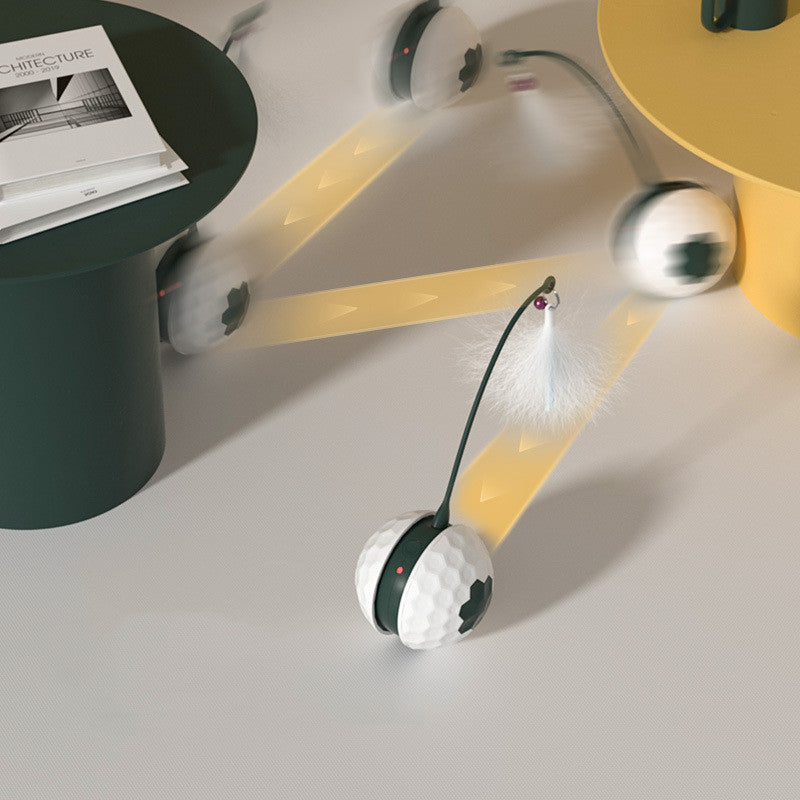 White and green automatic cat toy shown rolling and chasing around furniture in multiple positions