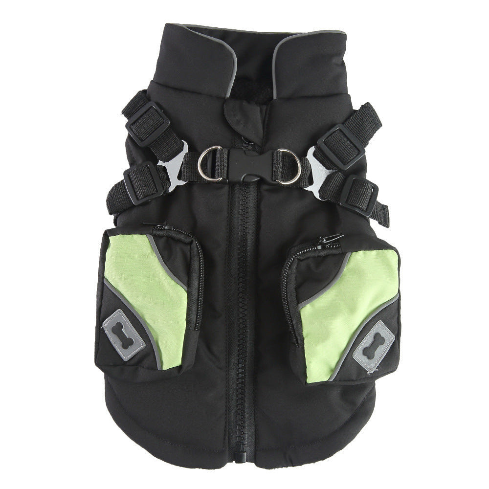 Black insulated dog vest with zipper front, harness straps, and light green accent pockets