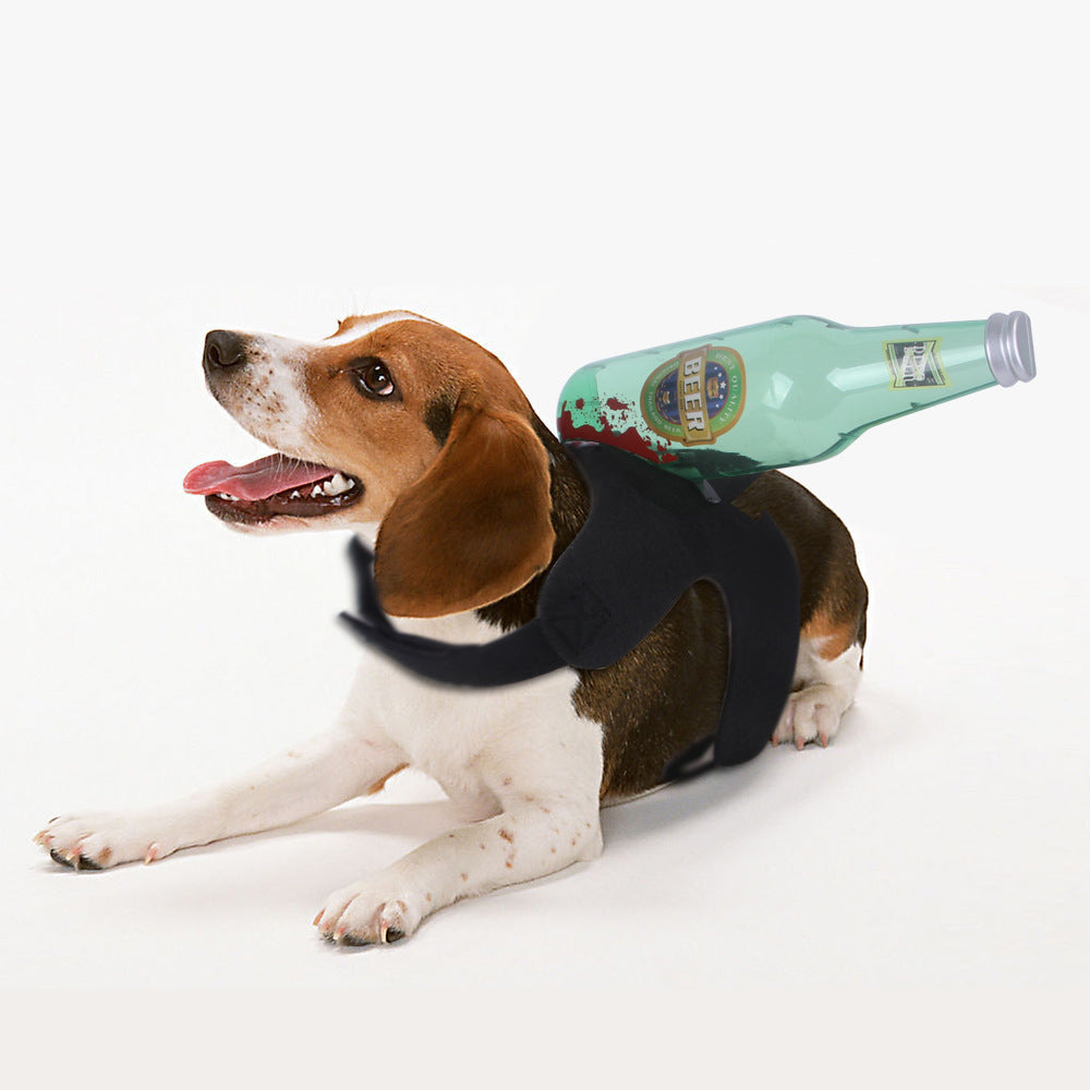 Beagle dog lying down in black Halloween harness carrying a fake bloodied green beer bottle prop