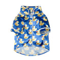 Load image into Gallery viewer, Blue pet shirt with yellow duck print and button-down front laid flat
