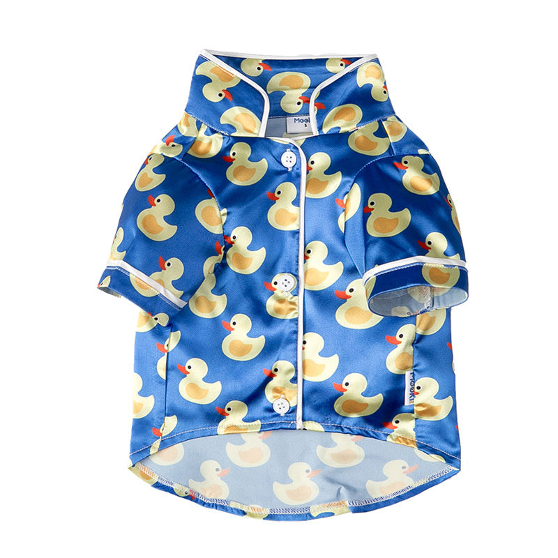 Blue pet shirt with yellow duck print and button-down front laid flat
