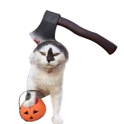 Black French bulldog wearing bloody scissors tool headgear