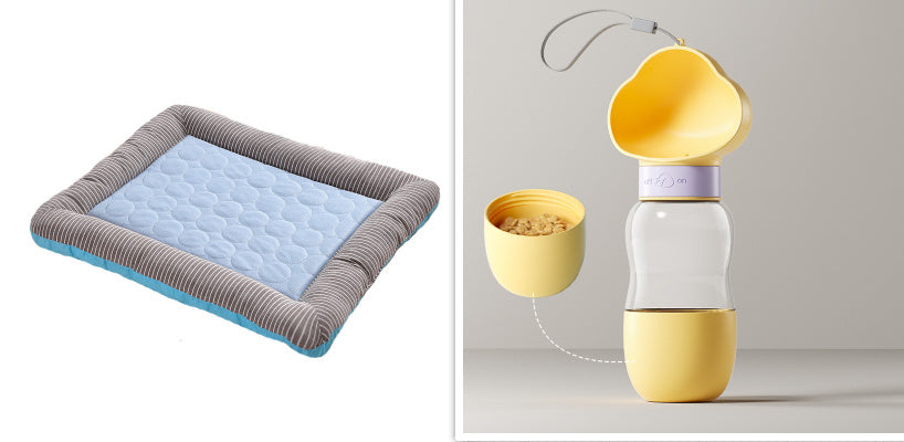 Blue cooling pet bed mat alongside yellow and beige pet feeder with heart accents and dual compartments.