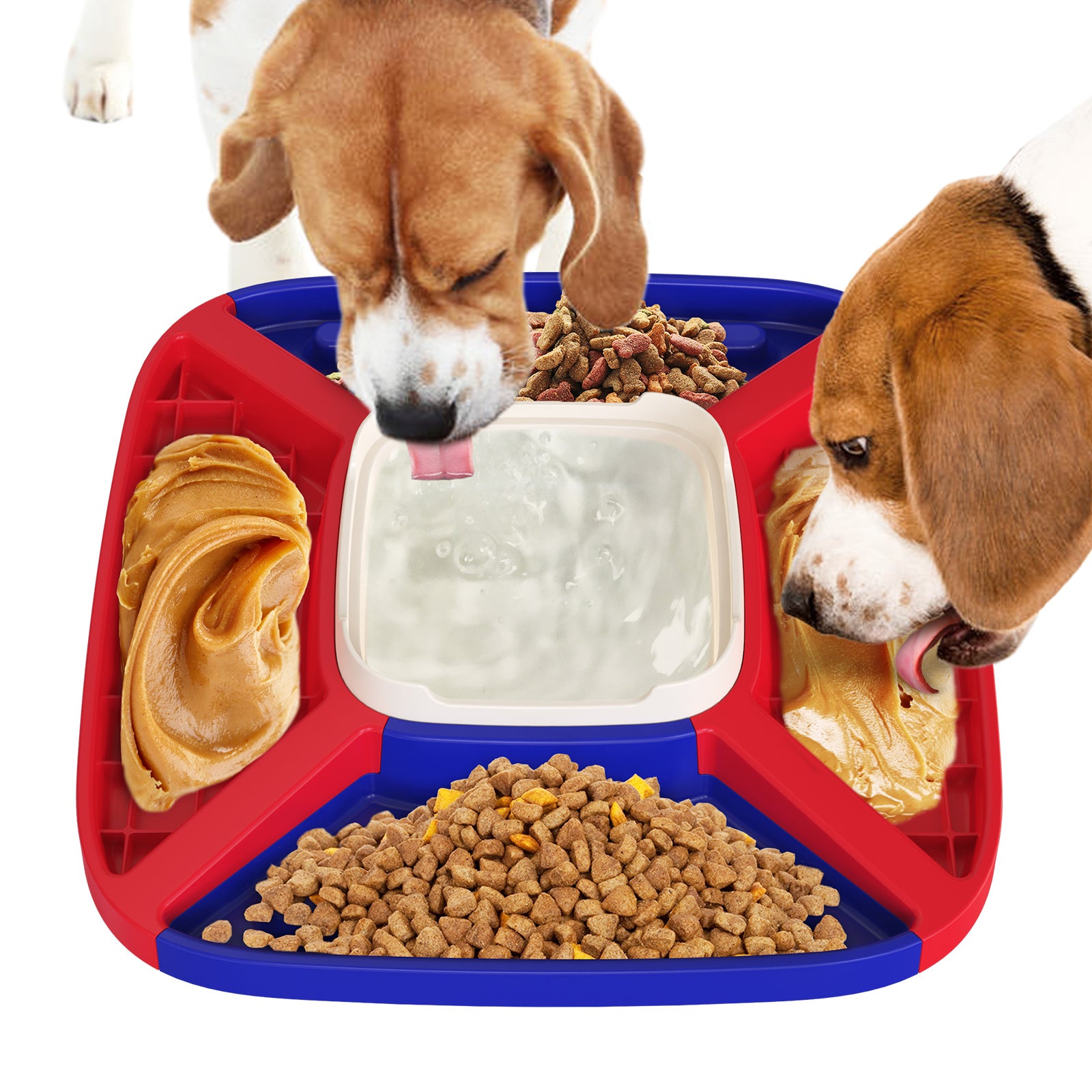 Two dogs drinking and licking from the red and blue multifunctional feeder with dry food, lick treats, and water