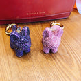 Charger l'image dans la visionneuse de la galerie, Purple and pink dog keychains adorned with crystals standing next to a red Charles & Keith bag on a wooden table
