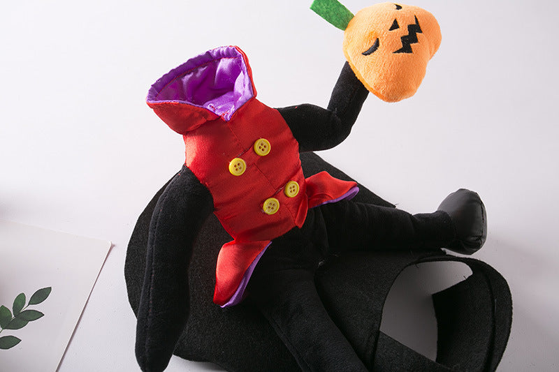 Lying headless man costume on a white background showing plush pumpkin and red jacket details