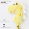 Load image into Gallery viewer, Yellow plush dinosaur cat chew toy shown with text highlighting soft fabric and tooth cleaning benefits
