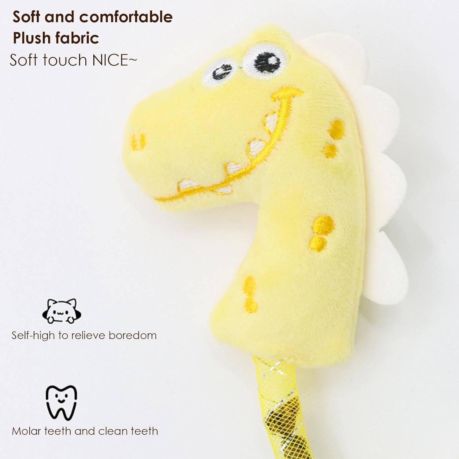 Yellow plush dinosaur cat chew toy shown with text highlighting soft fabric and tooth cleaning benefits