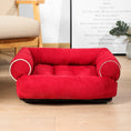 Charger l'image dans la visionneuse de la galerie, Bright red velvet pet bed designed as a small sofa with plush cushioning
