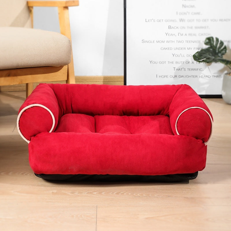 Burnt orange velvet pet sofa bed with plush padding and piping accents