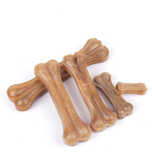 Various sizes of natural buffalo leather dog chew bones in classic bone shape