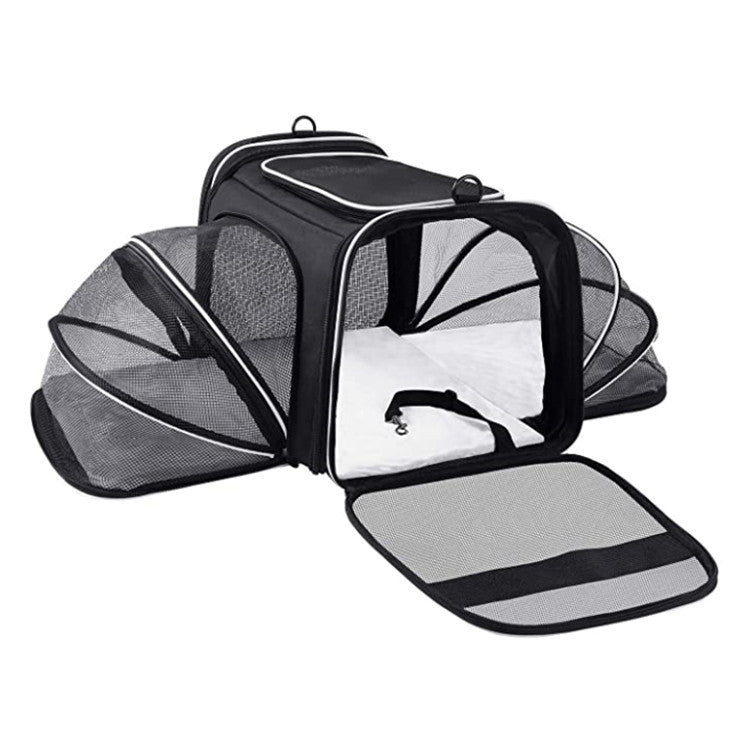 Black foldable pet carrier with white cushion and safety belt, open front and expanded mesh sides for ventilation