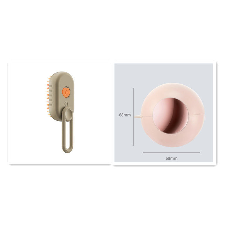 Side view of beige pet brush with looped handle and dimensions showing 68mm width and height