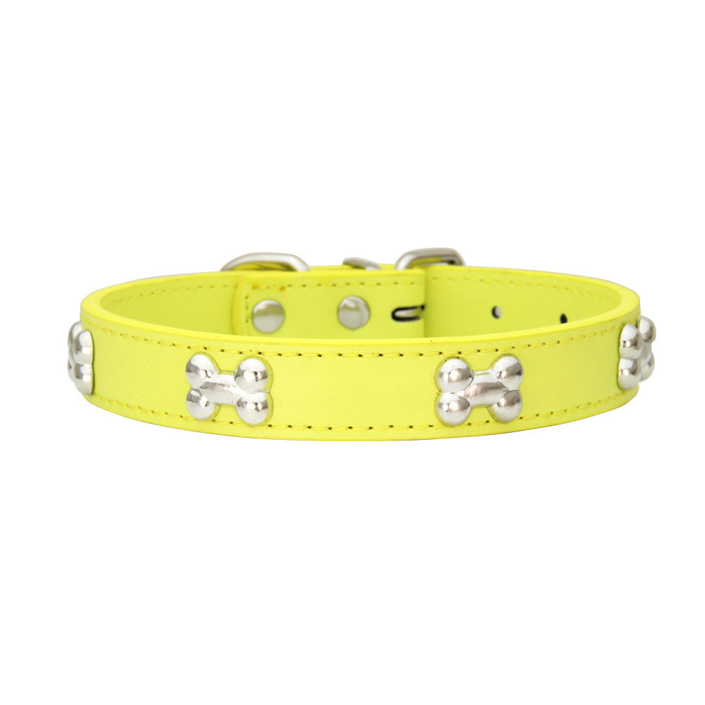 Light blue PU leather dog collar with silver bone studs