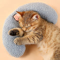 Load image into Gallery viewer, Close-up of kitten hugging blue crescent plush pet pillow
