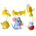 Cargar la imagen en la vista de la galería, Three felt animal shaped cat toys (chick, mouse, cat) with yellow elastic ropes and suction cups displayed together

