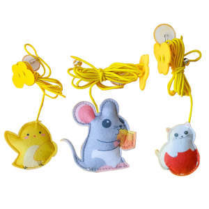 Three felt animal shaped cat toys (chick, mouse, cat) with yellow elastic ropes and suction cups displayed together