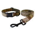 Load image into Gallery viewer, Camouflage dog collar with black plastic buckle and leash with metal clasp side by side
