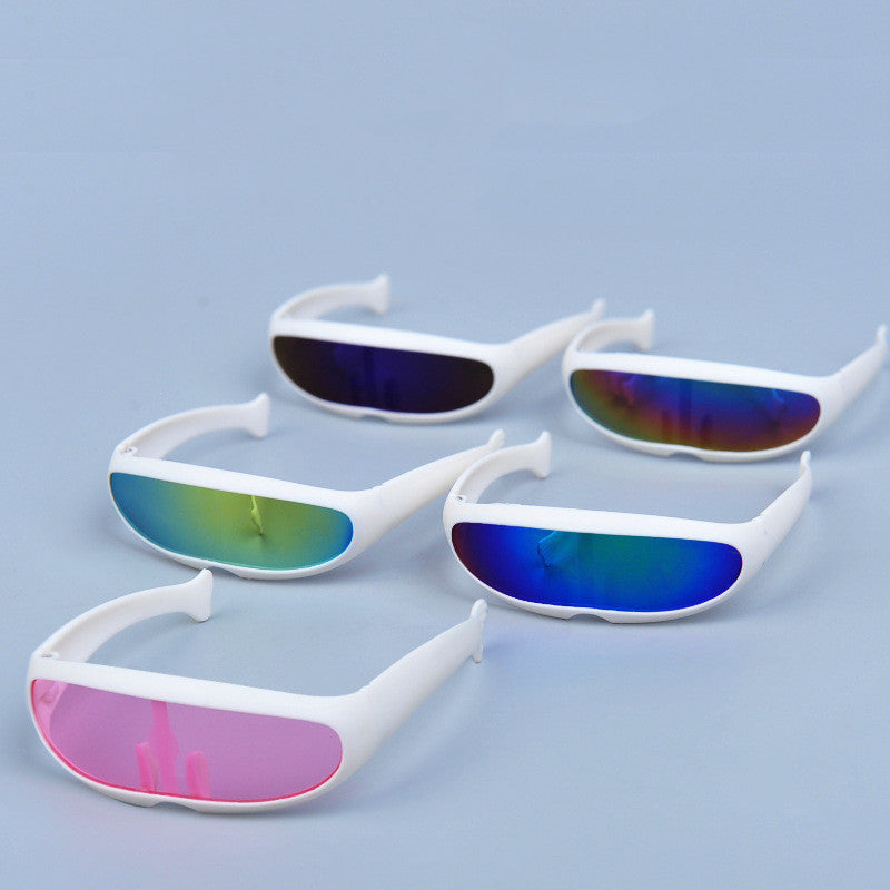 Five pairs of white-framed sunglasses with various reflective lens colors on blue background