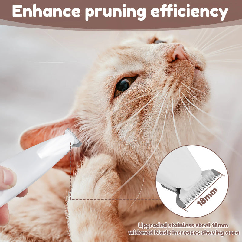 Trimmer cutting pet hair near a cat's ear with 18mm stainless steel blade close up