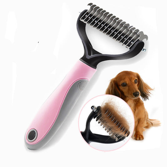 Double-sided dog grooming comb with pink and grey handle next to a long-haired dog and close-up showing collected hair