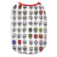 Charger l'image dans la visionneuse de la galerie, Flat lay of white dog shirt printed with detailed colorful sugar skulls and red neckline
