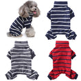 Load image into Gallery viewer, Small gray poodle wearing navy blue and white striped high collar dog pajamas sitting and panting
