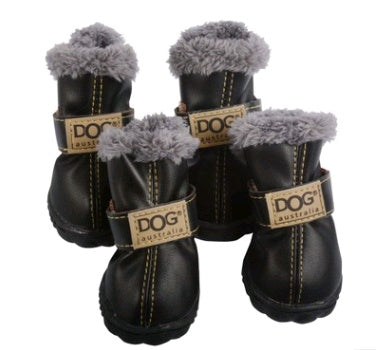 Set of black winter dog boots with gray faux fur lining and rubber soles