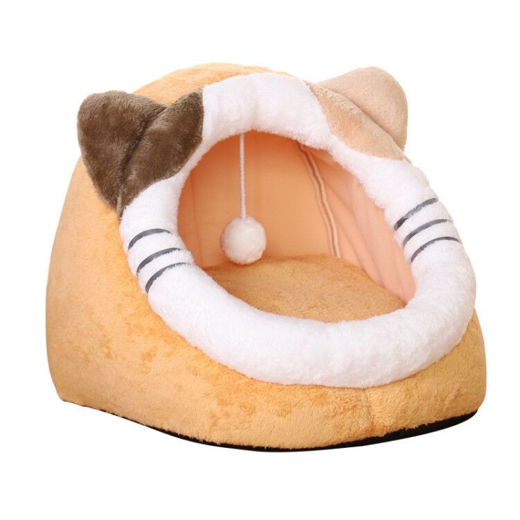 Tan and brown multi-tone plush pet house with ears and a hanging white ball