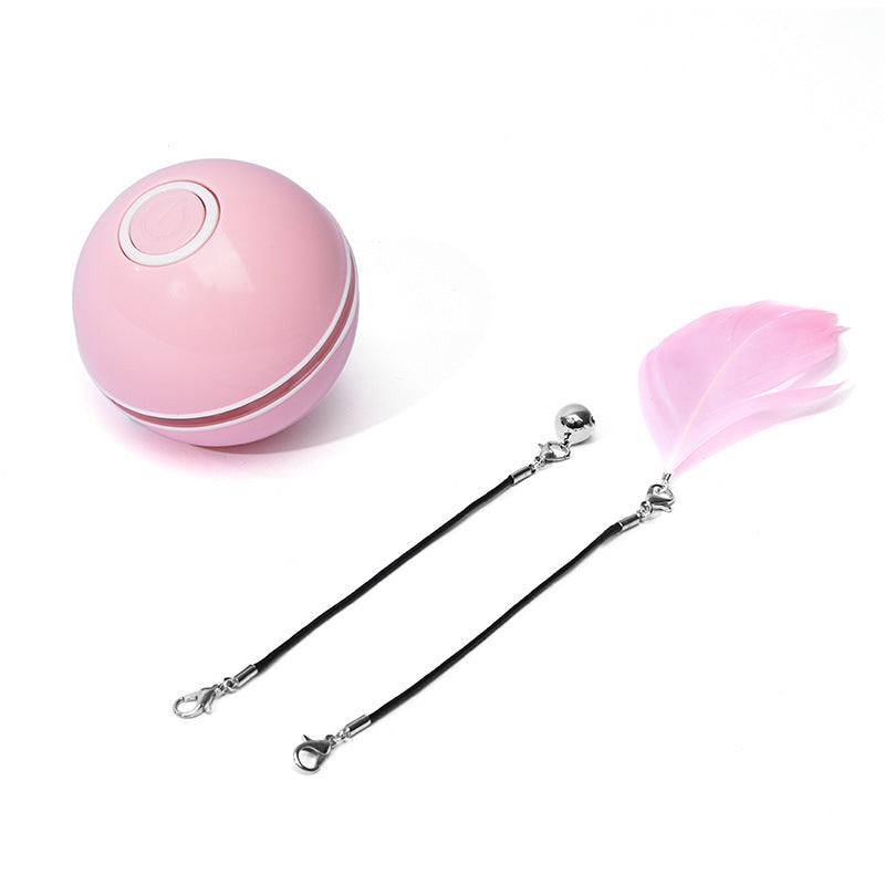 Pink LED light cat toy ball with detachable black string attachments including a pink feather and a bell on white background