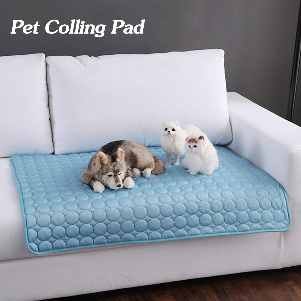 Two small dog plush toys and one husky toy dog resting on blue pet cooling mat placed on white couch