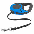 Cargar la imagen en la vista de la galería, Close-up of blue automatic retractable dog leash with black nylon tape extended and metal clasp
