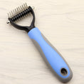 Load image into Gallery viewer, Blue and grey handled comb showing detailed view of stainless steel teeth
