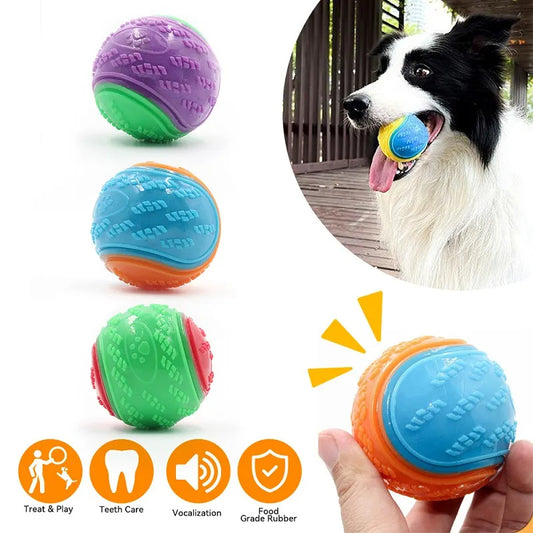 Colorful durable dog chew toy balls in various dual-color combinations including purple-green, blue-orange, and red-green; textured surface for dental care