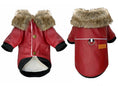 Load image into Gallery viewer, Front and back views of red PU leather dog jacket with faux fur collar and snap button closure on black trimmed sleeves
