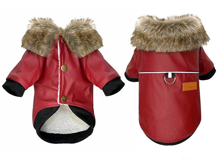 Front and back views of red PU leather dog jacket with faux fur collar and snap button closure on black trimmed sleeves