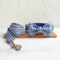 Load image into Gallery viewer, Blue and white plaid dog collar with matching leash displayed on wooden board
