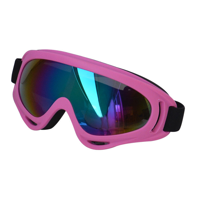 Pink frame dog sunglasses with reflective blue lenses on white background