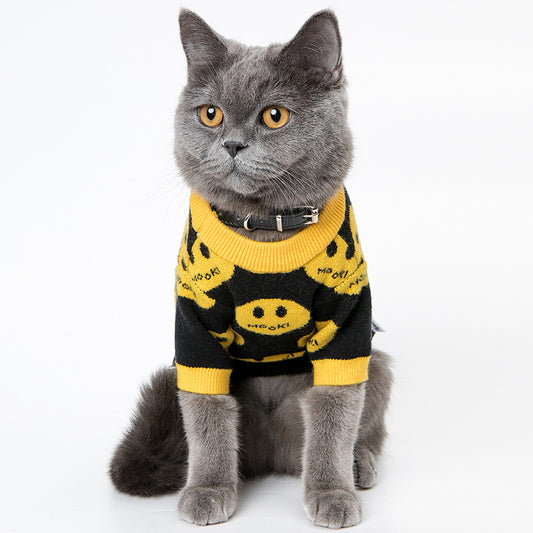 Gray cat wearing black and yellow smiley face wool sweater sitting and looking forward