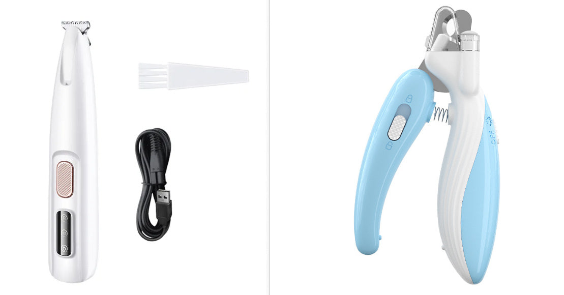 White pet trimmer with cleaning brush and USB charging cable accessories